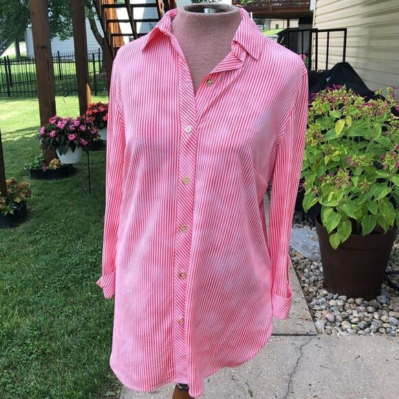 Peter Nygard Tops - NYGARD orange & red pin striped button down blouse